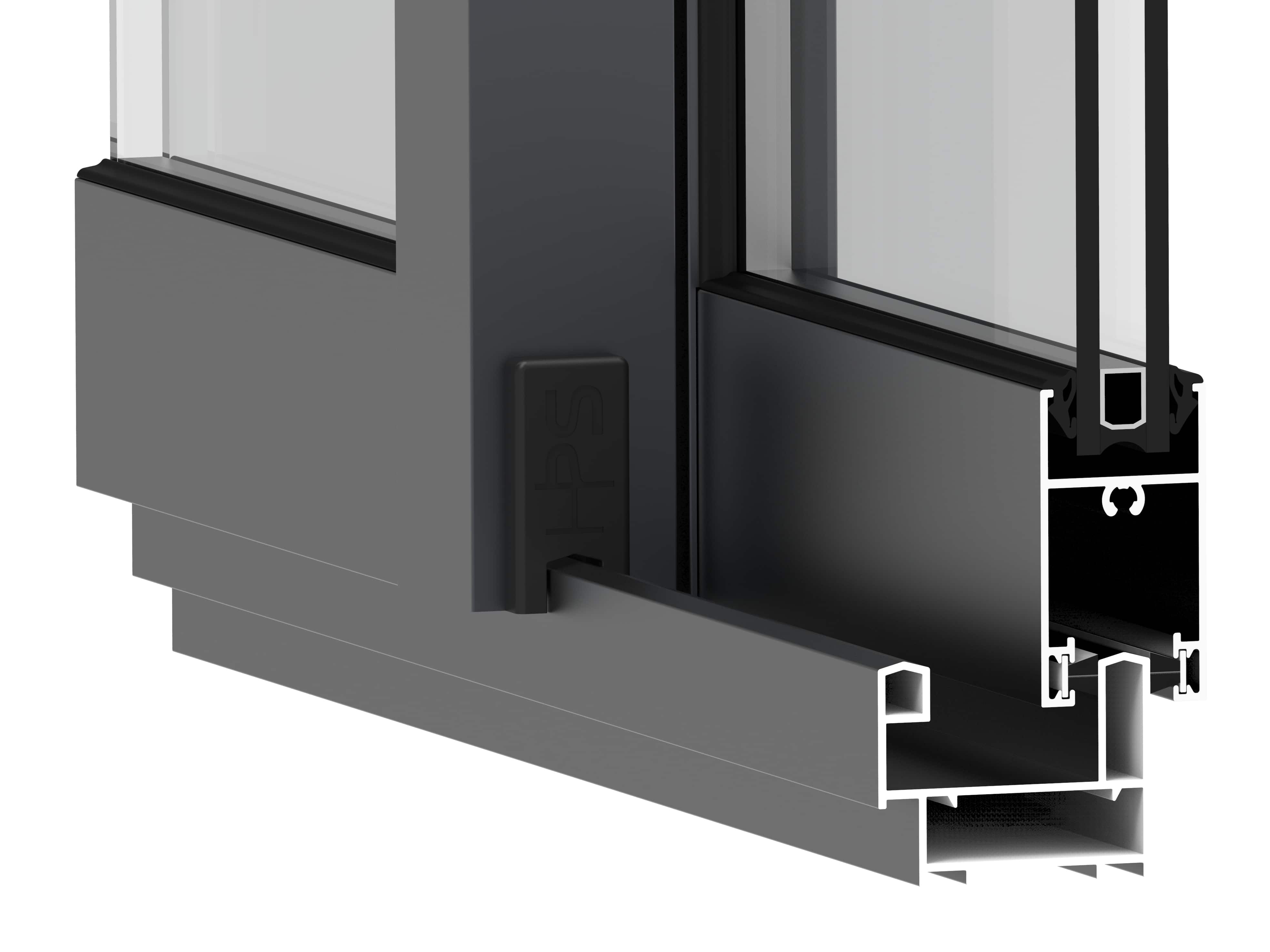 Coupe technique d'un profilé aluminium coulissant avec double vitrage, rail et joints